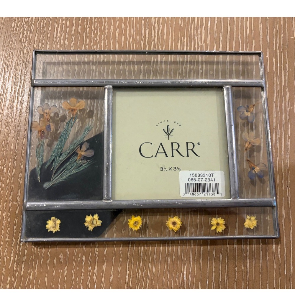 Vintage CARR Pressed Dried Flower Glass Picture Frame 3.5x3.5 Floral Decor
